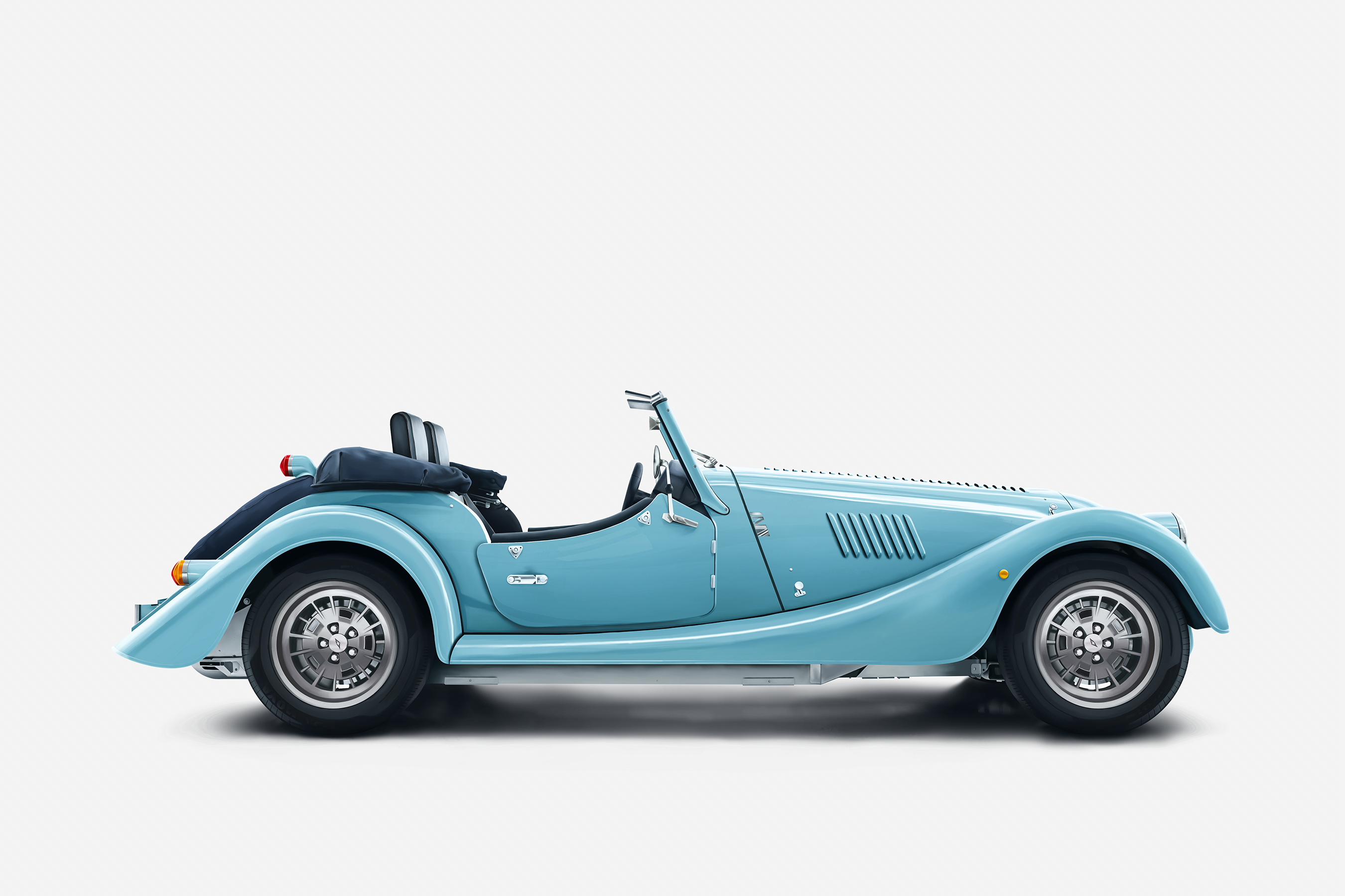 Digital painting of a blue car: Morgan Pus Four